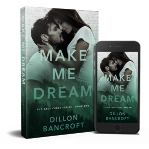 Mockup image of Aria McKenzie and Derek Hawthorn on a book and phone screen of the Make Me Dream cover.