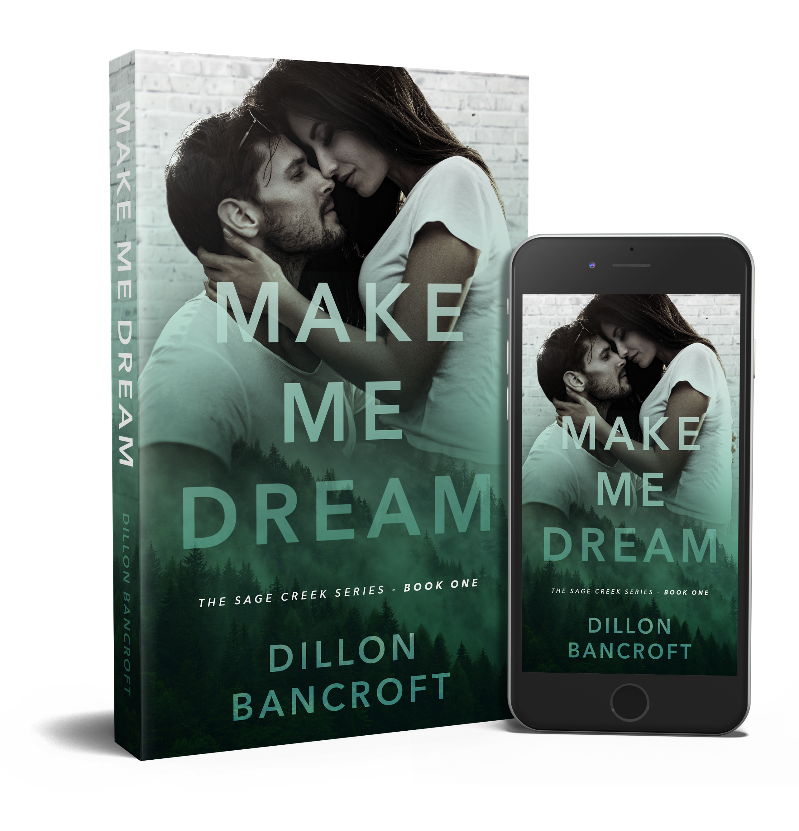 Mockup image of Aria McKenzie and Derek Hawthorn on a book and phone screen of the Make Me Dream cover.
